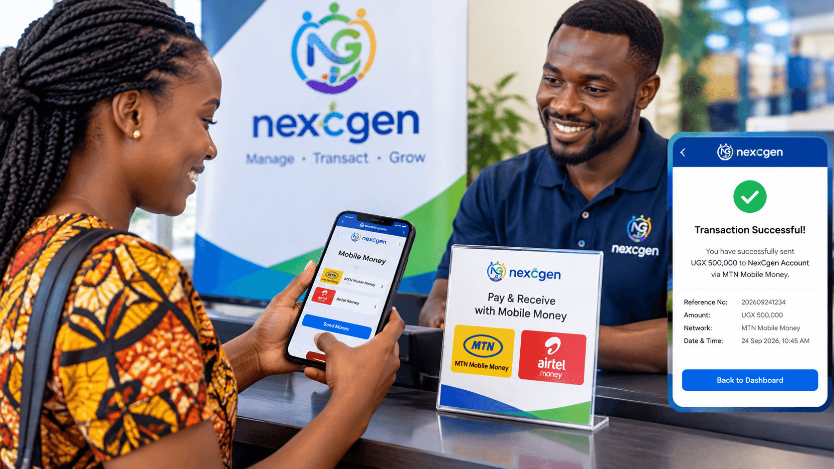 A member sending a Mobile Money payment at the branch counter, with a confirmed transaction shown on their phone